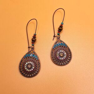 Bronze drop earrings turquoise beaded